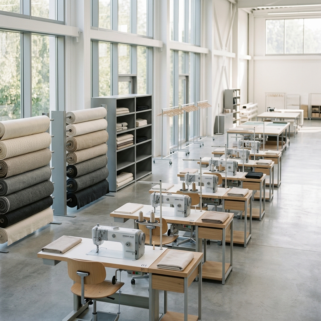 Fabric rolls and sewing machines in a bright clothing workshop