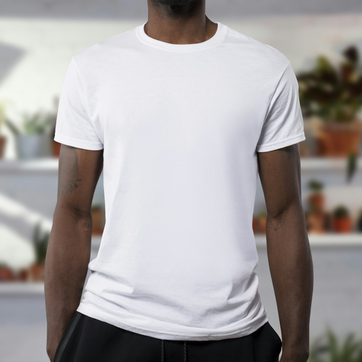 Close-up of the fit and neckline of a plain white T-shirt